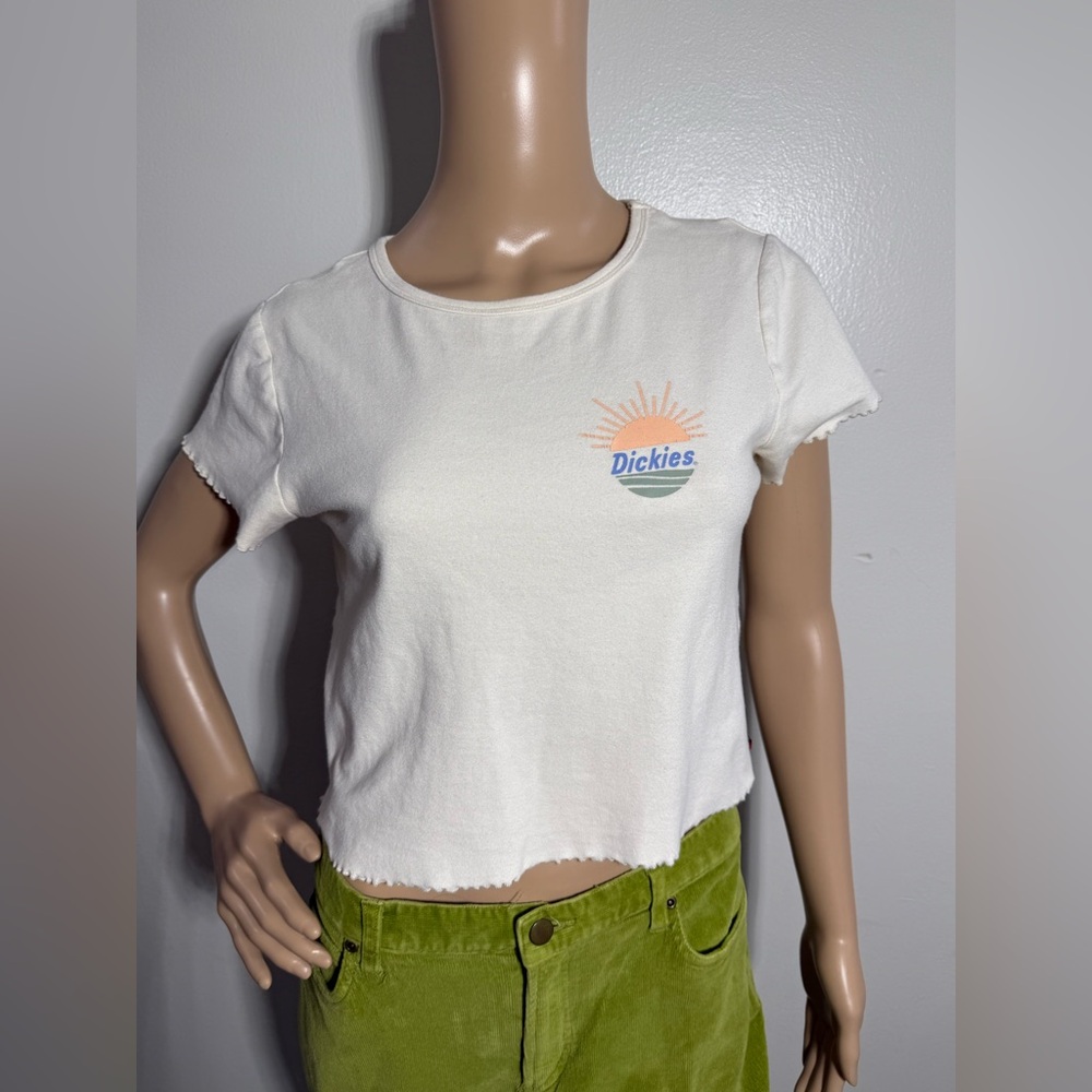Dickies Off-White Crop Top Tee Lettuce Hem Cool Girl Sun & Sea Size Large